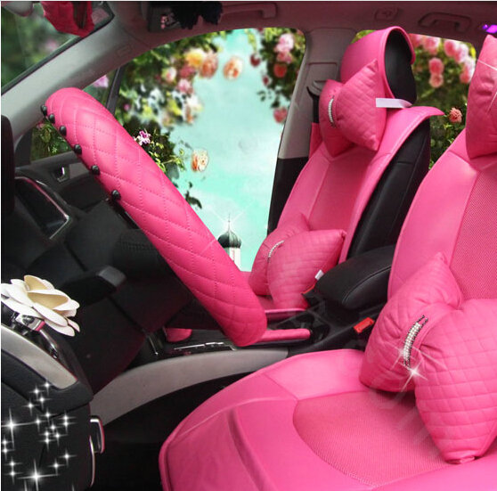 Cute Fashion Women Rhombus PU Leather Car Steering Wheel Covers 15 inch 38CM - Rose