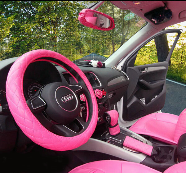 Cute Fashion Women Rhombus PU Leather Car Steering Wheel Covers 15 inch 38CM - Rose