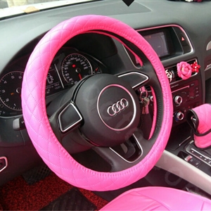 Cute Fashion Women Rhombus PU Leather Car Steering Wheel Covers 15 inch 38CM - Rose