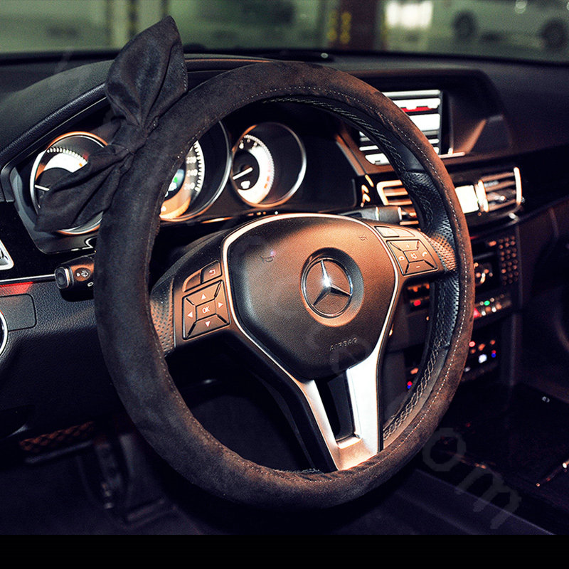 Cute Female Bowknot Suede Velvet Auto Steering Wheel Covers 15 inch 38CM - Black