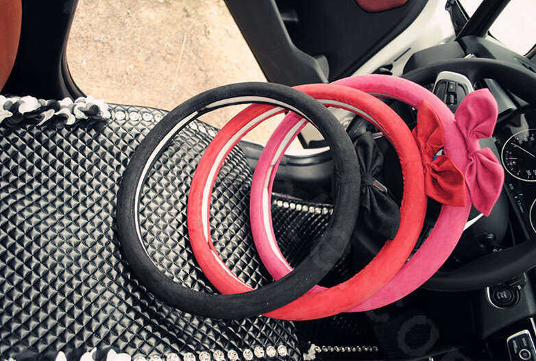 Cute Female Bowknot Suede Velvet Auto Steering Wheel Covers 15 inch 38CM - Black
