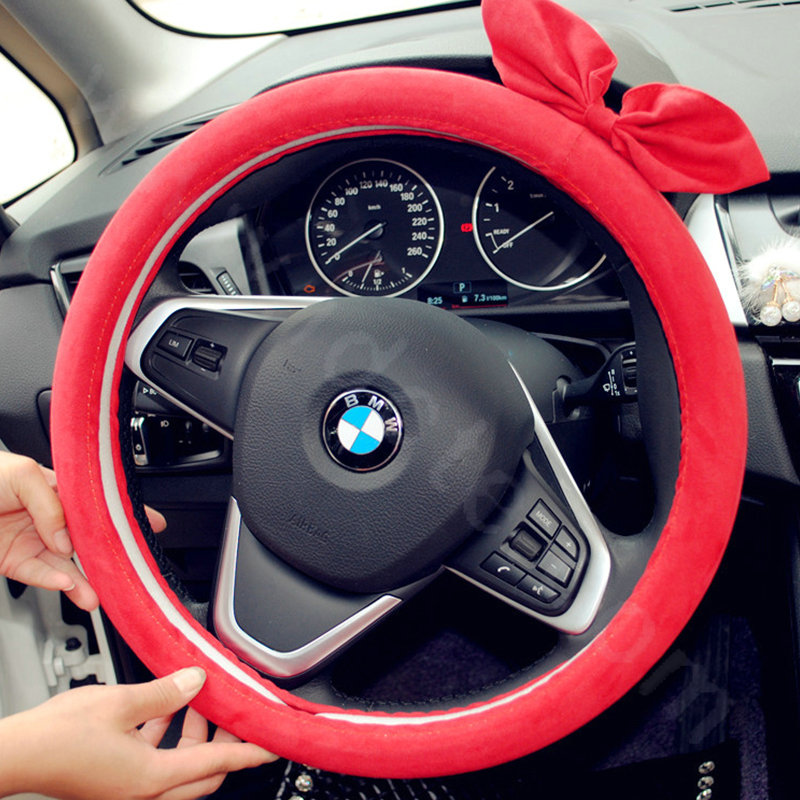 Cute Female Bowknot Suede Velvet Auto Steering Wheel Covers 15 inch 38CM - Red