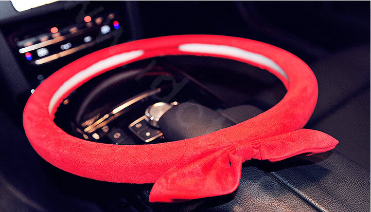 Cute Female Bowknot Suede Velvet Auto Steering Wheel Covers 15 inch 38CM - Red