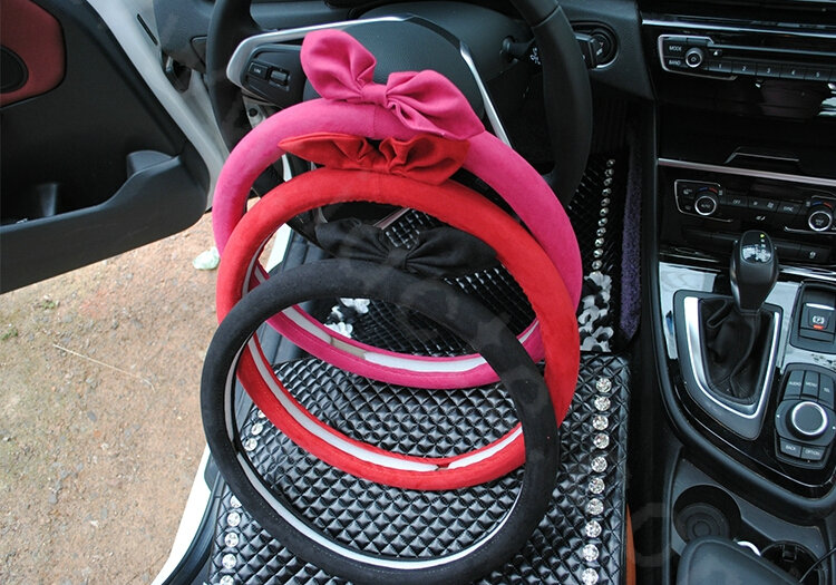 Cute Female Bowknot Suede Velvet Auto Steering Wheel Covers 15 inch 38CM - Red