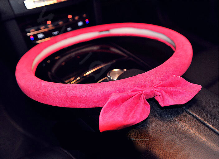 Cute Female Bowknot Suede Velvet Auto Steering Wheel Covers 15 inch 38CM - Rose