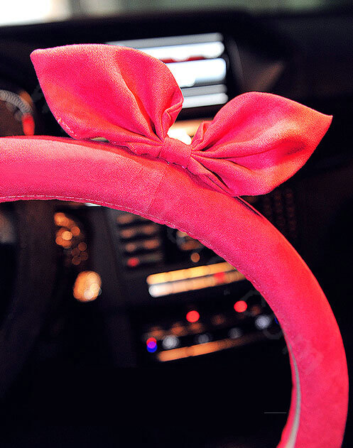 Cute Female Bowknot Suede Velvet Auto Steering Wheel Covers 15 inch 38CM - Rose