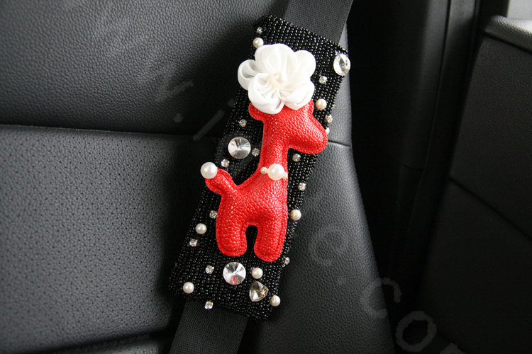 Cute Female Flower Deer Pearl Crystal Beaded Auto Seat Safety Belt Covers 2pcs - Black