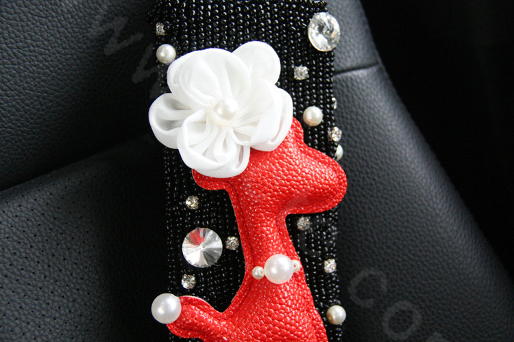 Cute Female Flower Deer Pearl Crystal Beaded Auto Seat Safety Belt Covers 2pcs - Black