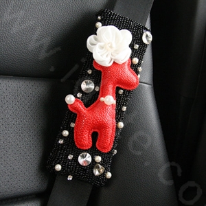 Cute Female Flower Deer Pearl Crystal Beaded Auto Seat Safety Belt Covers 2pcs - Black