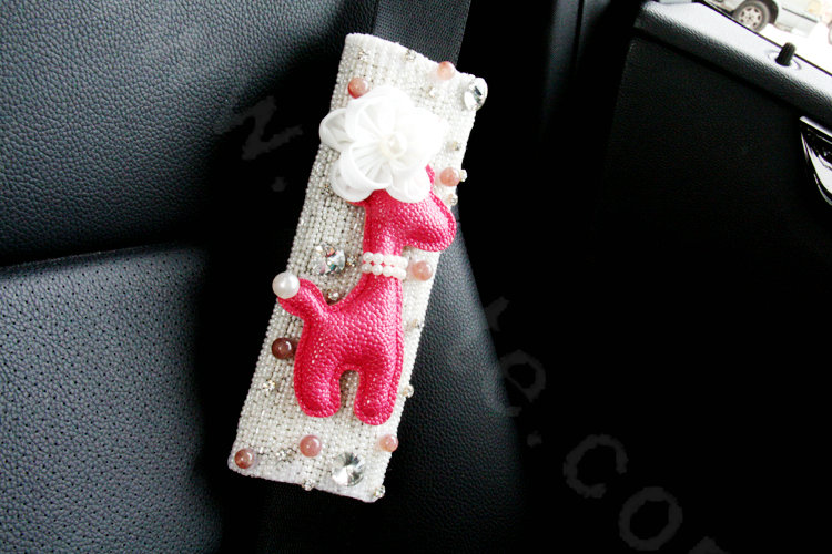 Cute Female Flower Deer Pearl Crystal Beaded Auto Seat Safety Belt Covers 2pcs - White