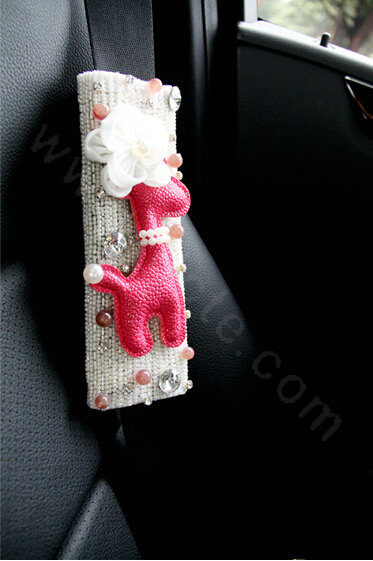 Cute Female Flower Deer Pearl Crystal Beaded Auto Seat Safety Belt Covers 2pcs - White