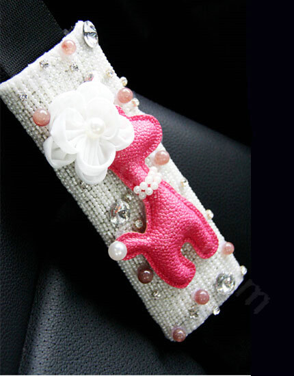 Cute Female Flower Deer Pearl Crystal Beaded Auto Seat Safety Belt Covers 2pcs - White