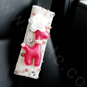 Cute Female Flower Deer Pearl Crystal Beaded Auto Seat Safety Belt Covers 2pcs - White