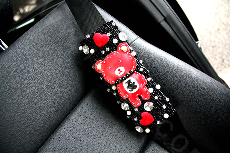 Cute Female Heart Bear Pearl Crystal Beaded Auto Seat Safety Belt Covers 2pcs - Black