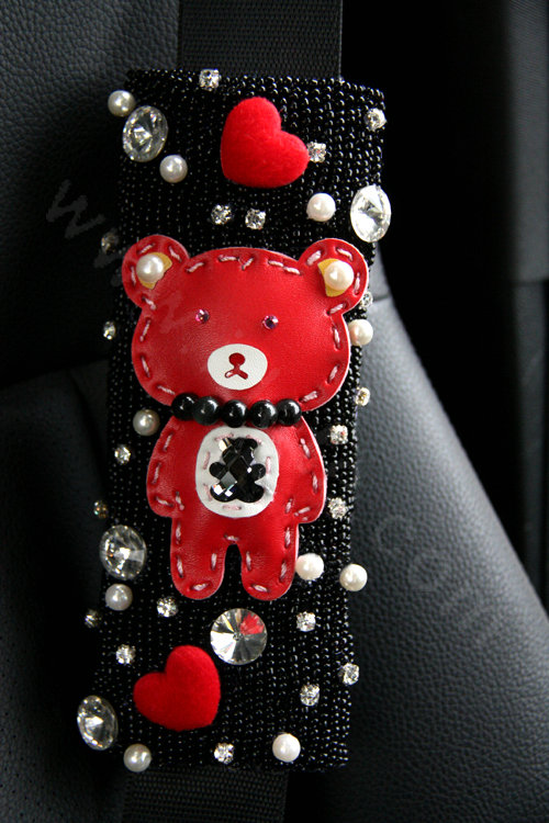 Cute Female Heart Bear Pearl Crystal Beaded Auto Seat Safety Belt Covers 2pcs - Black
