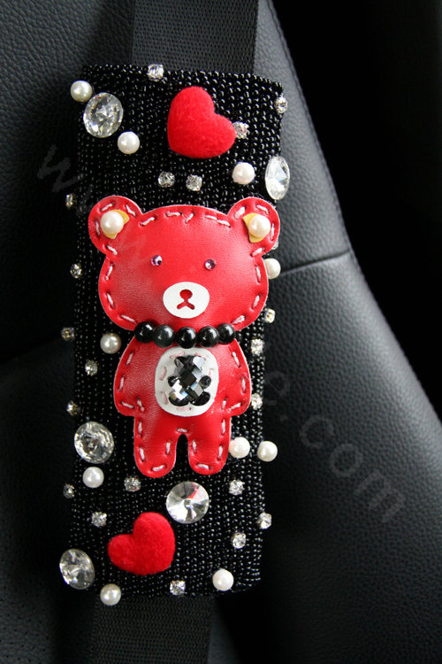 Cute Female Heart Bear Pearl Crystal Beaded Auto Seat Safety Belt Covers 2pcs - Black