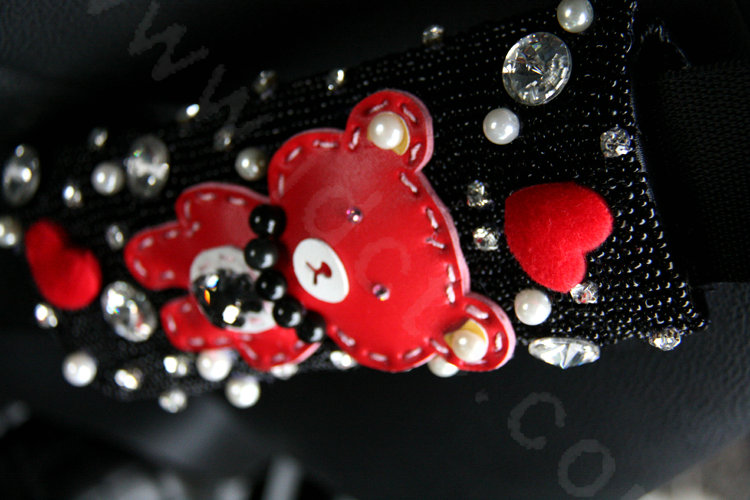 Cute Female Heart Bear Pearl Crystal Beaded Auto Seat Safety Belt Covers 2pcs - Black