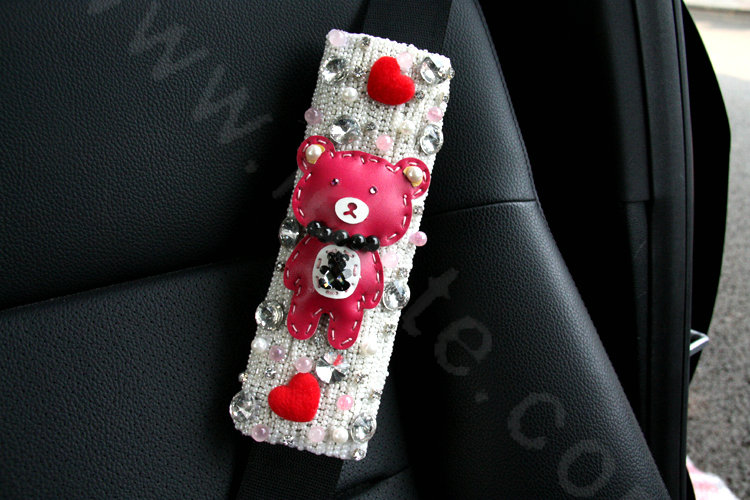 Cute Female Heart Bear Pearl Crystal Beaded Auto Seat Safety Belt Covers 2pcs - White