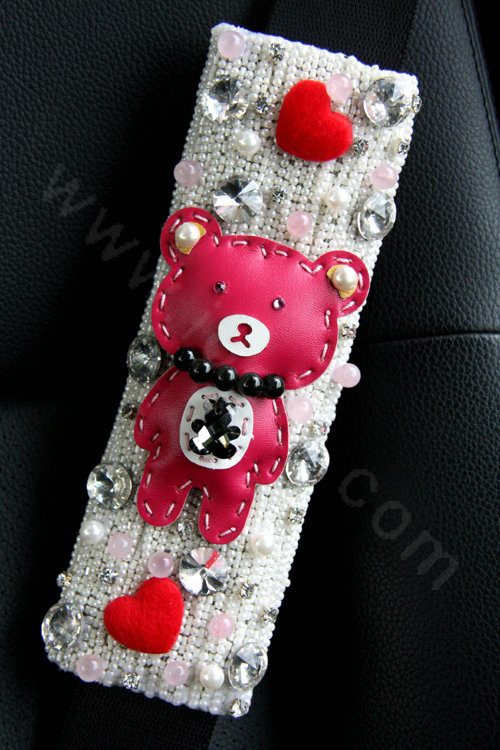 Cute Female Heart Bear Pearl Crystal Beaded Auto Seat Safety Belt Covers 2pcs - White