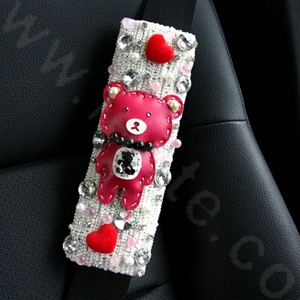 Cute Female Heart Bear Pearl Crystal Beaded Auto Seat Safety Belt Covers 2pcs - White