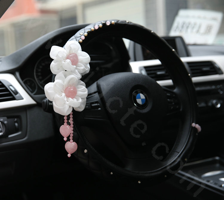 Cute Princess Crystal Flower Auto Steering Wheel Covers Genuine Sheepskin 14 inch 36CM - Black