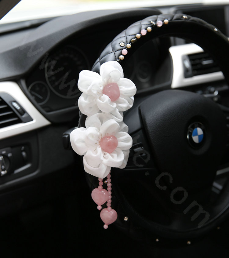 Cute Princess Crystal Flower Auto Steering Wheel Covers Genuine Sheepskin 14 inch 36CM - Black