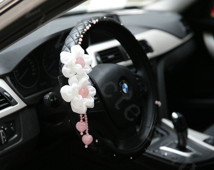 Cute Princess Crystal Flower Auto Steering Wheel Covers Genuine Sheepskin 14 inch 36CM - Black