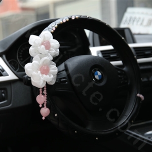 Cute Princess Crystal Flower Auto Steering Wheel Covers Genuine Sheepskin 14 inch 36CM - Black