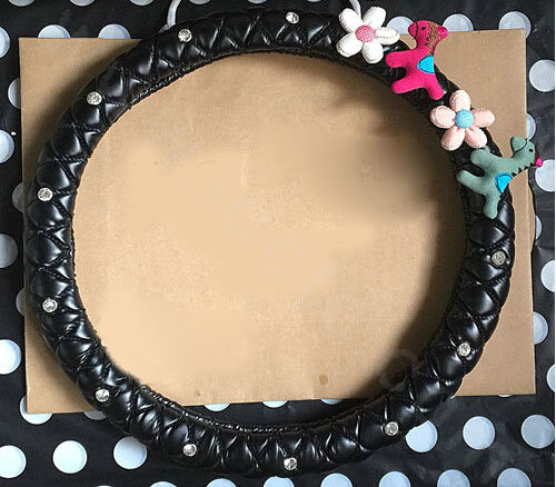 Cute Small Horse Diamond Car Steering Wheel Covers Genuine Leather 15 inch 38CM - Black