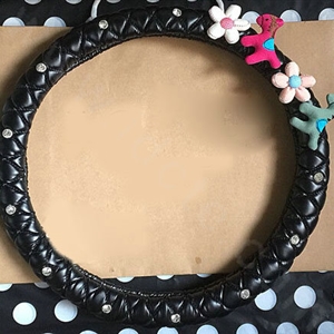 Cute Small Horse Diamond Car Steering Wheel Covers Genuine Leather 15 inch 38CM - Black