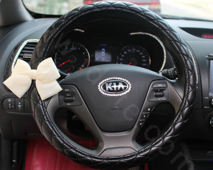 Cute Women Bowknot PU Leather Grip Car Steering Wheel Covers 15 inch 38CM - Black