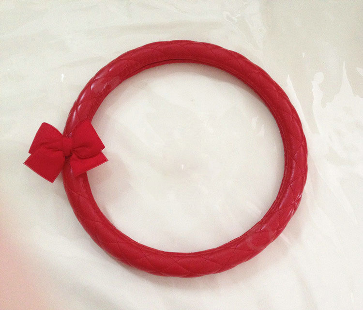 Cute Women Bowknot PU Leather Grip Car Steering Wheel Covers 15 inch 38CM - Red