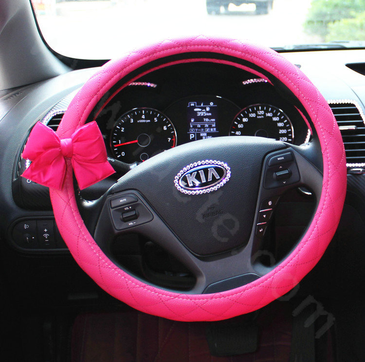 Cute Women Bowknot PU Leather Grip Car Steering Wheel Covers 15 inch 38CM - Rose