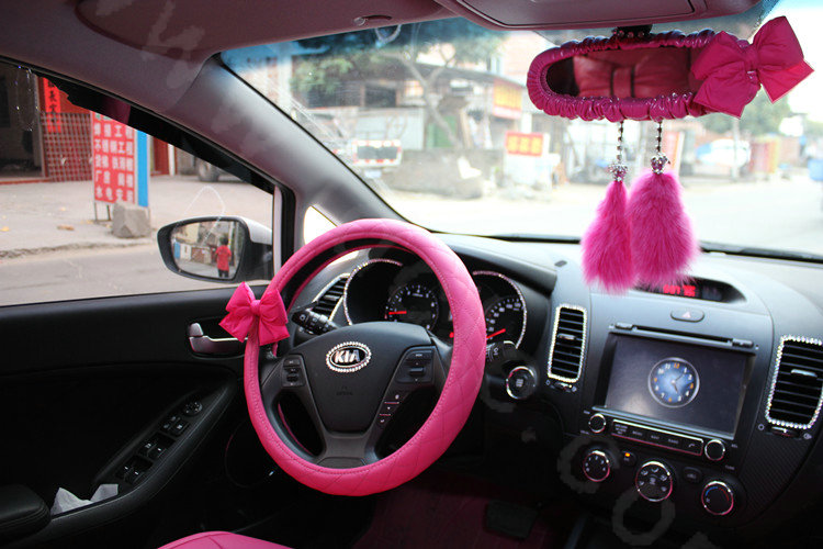 Cute Women Bowknot PU Leather Grip Car Steering Wheel Covers 15 inch 38CM - Rose