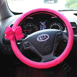 Cute Women Bowknot PU Leather Grip Car Steering Wheel Covers 15 inch 38CM - Rose