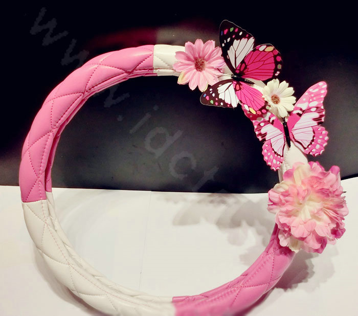 Cute Women Butterfly Lily Flower Leather Car Steering Wheel Covers 15 inch 38CM - Rose
