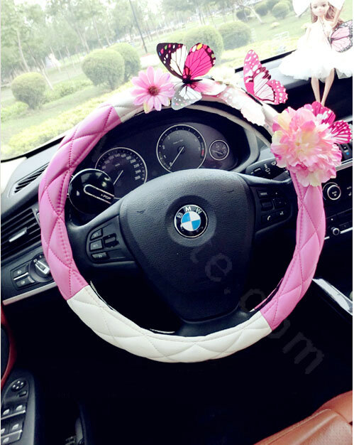 Cute Women Butterfly Lily Flower Leather Car Steering Wheel Covers 15 inch 38CM - Rose
