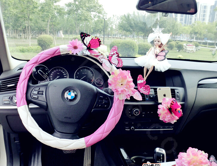 Cute Women Butterfly Lily Flower Leather Car Steering Wheel Covers 15 inch 38CM - Rose