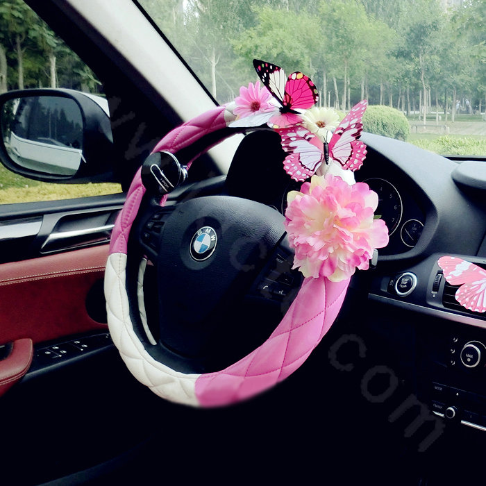 Cute Women Butterfly Lily Flower Leather Car Steering Wheel Covers 15 inch 38CM - Rose