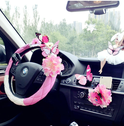 Cute Women Butterfly Lily Flower Leather Car Steering Wheel Covers 15 inch 38CM - Rose