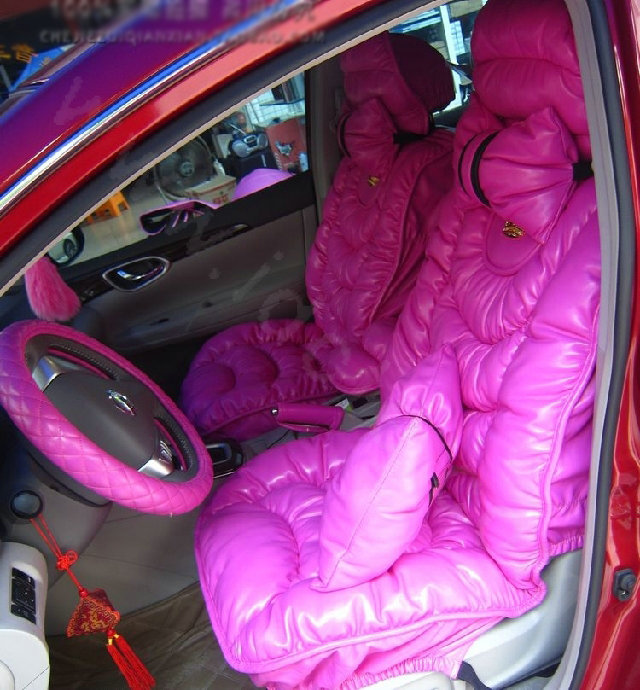 Cute Women Leather Bubble Cushion Jp Dad Winter General Car Seat Covers 5pcs Set - Rose Pink