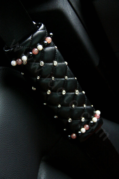 Delicate Crystal Beads Diamond Auto Seat Safety Belt Covers Genuine Sheepskin 2pcs - Black