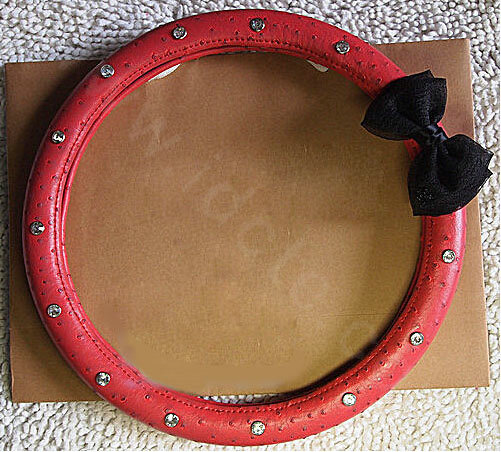 Diamond Bowknot Genuine Leather Car Steering Wheel Covers 15 inch 38CM - Red