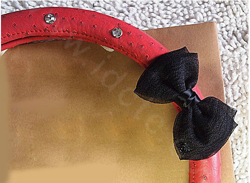 Diamond Bowknot Genuine Leather Car Steering Wheel Covers 15 inch 38CM - Red