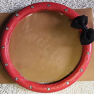 Diamond Bowknot Genuine Leather Car Steering Wheel Covers 15 inch 38CM - Red