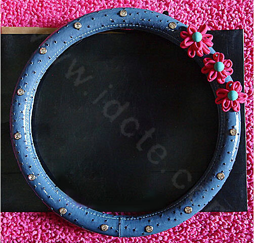 Diamond Hollow Flowers Genuine Leather Car Steering Wheel Covers 15 inch 38CM - Blue