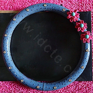 Diamond Hollow Flowers Genuine Leather Car Steering Wheel Covers 15 inch 38CM - Blue