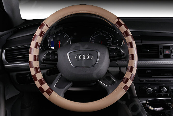 Discount Classic Plaids PU Leather Car Steering Wheel Covers 15 inch 38CM - Beige Brown