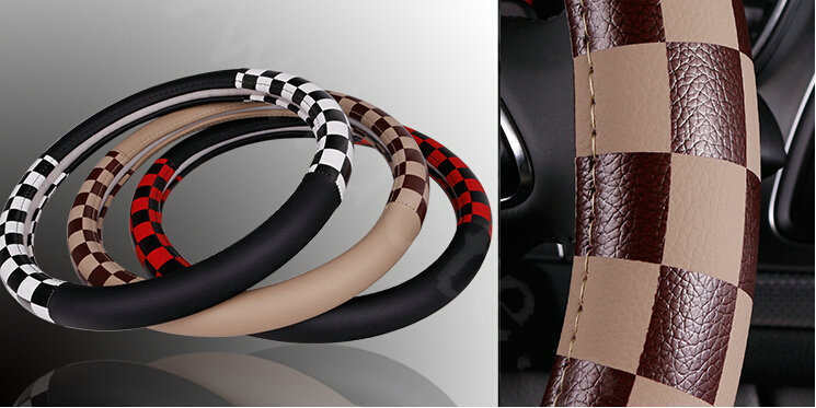 Discount Classic Plaids PU Leather Car Steering Wheel Covers 15 inch 38CM - Beige Brown