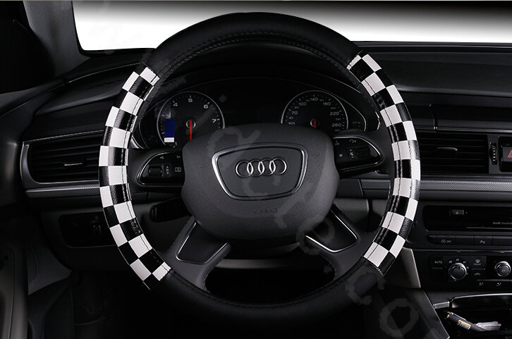 Discount Classic Plaids PU Leather Car Steering Wheel Covers 15 inch 38CM - Black White